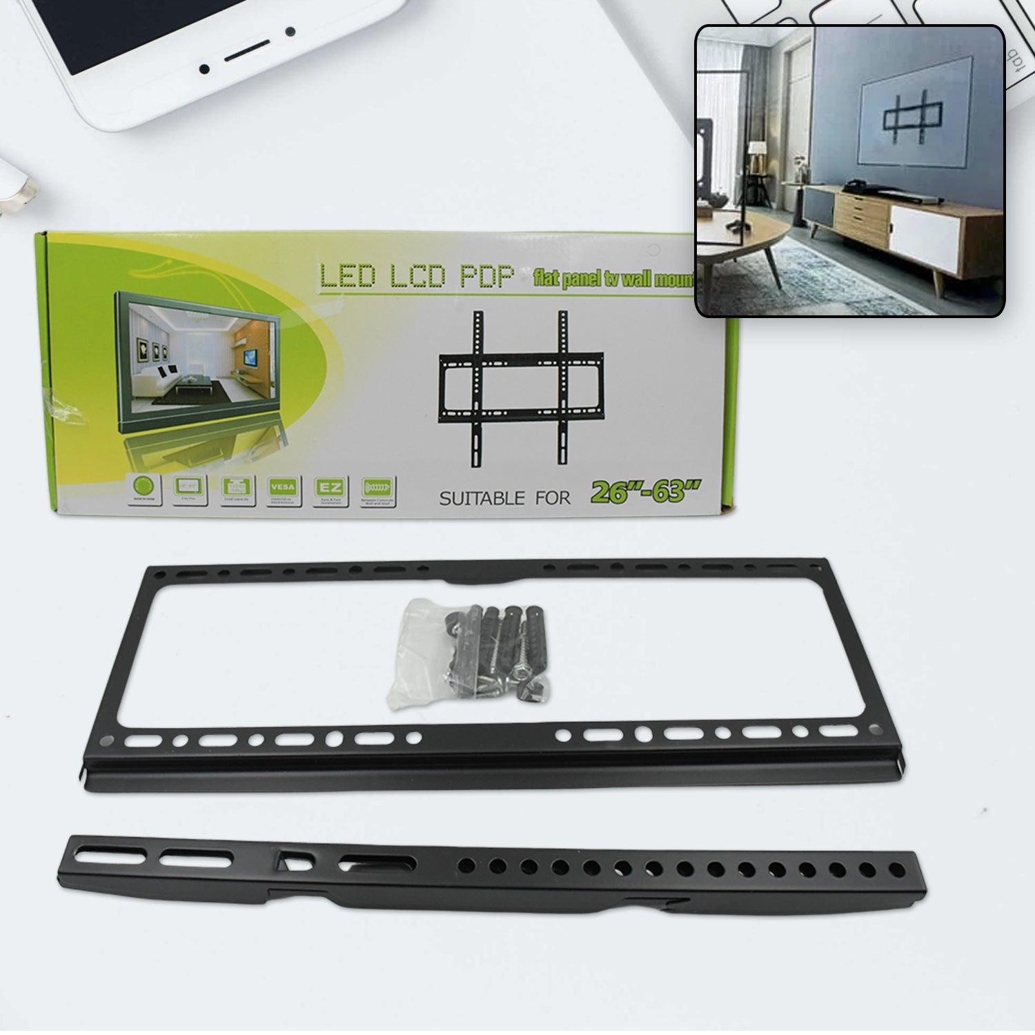 1549 TV Wall Bracket Mount Slim Monitor Stand for 26 x 63, LCD LED 3D plasma Flat TVs Full Motion Heavy-Duty Wall Bracket, Sturdy and Strong Flat Screen Design TV Wall Mount (46cmx20cm) 1549 TV Wall Bracket Mount Slim Monitor Stand for 26 x 63, LCD LED 3D plasma Flat TVs Full Motion Heavy-Duty Wall Bracket, Sturdy and Strong Flat Screen Design TV Wall Mount (46cmx20cm)